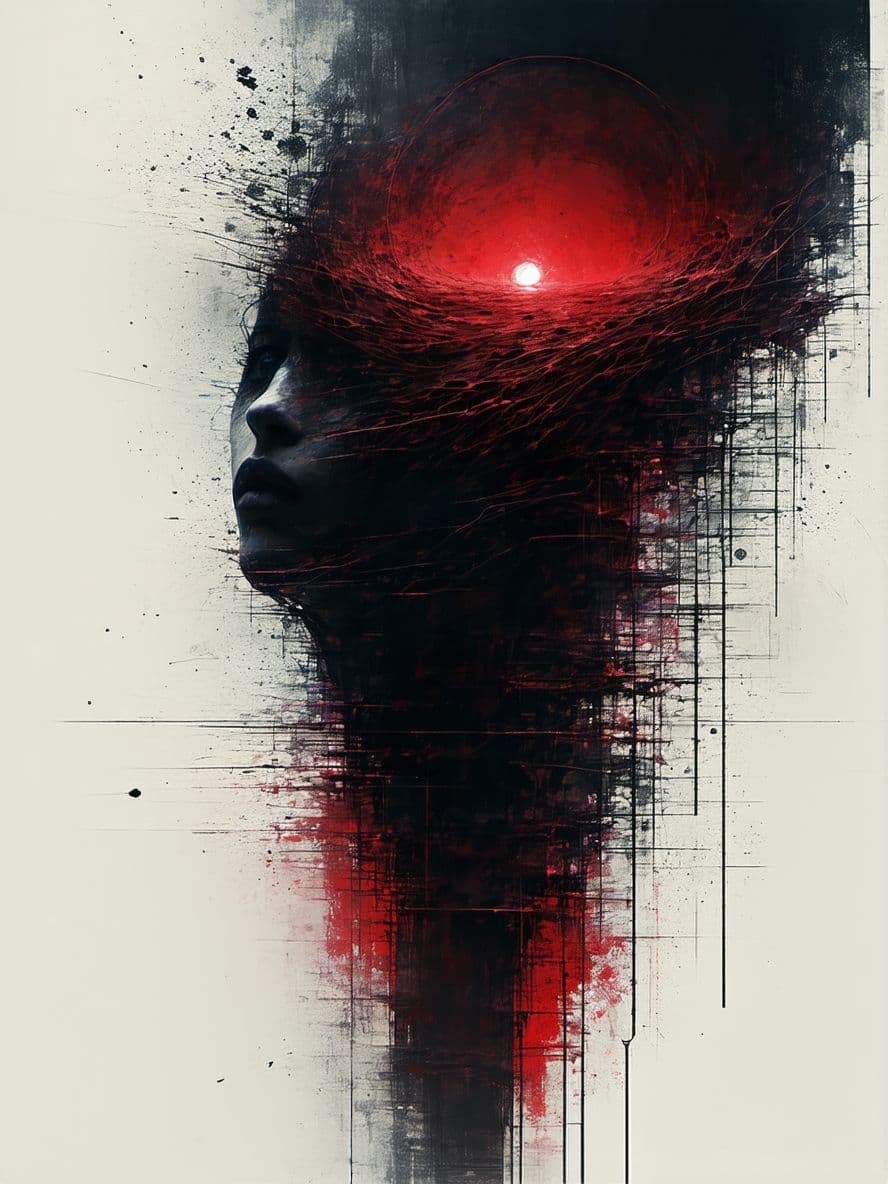 AI generated: Create an abstract, surreal,  disturbing image showing the fear of silence. Include things never bee...
