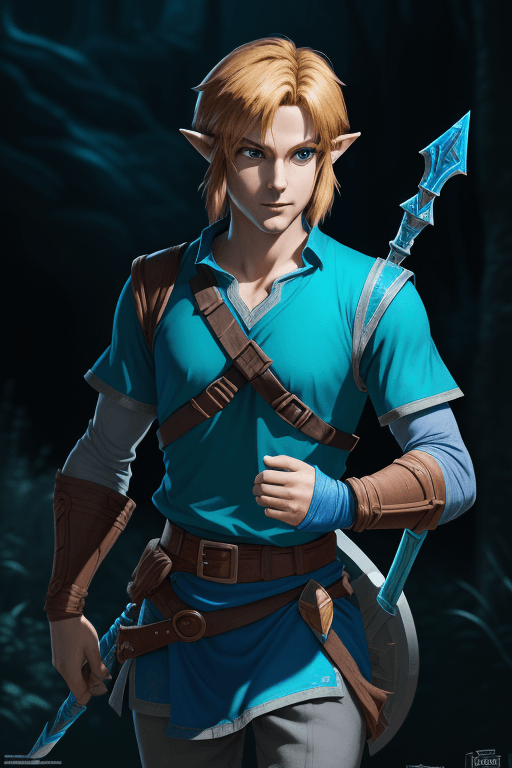 AI generated: an award winning poster of link from legend of zelda, 1man, (blue clothes 25 years old), fantasy amb...