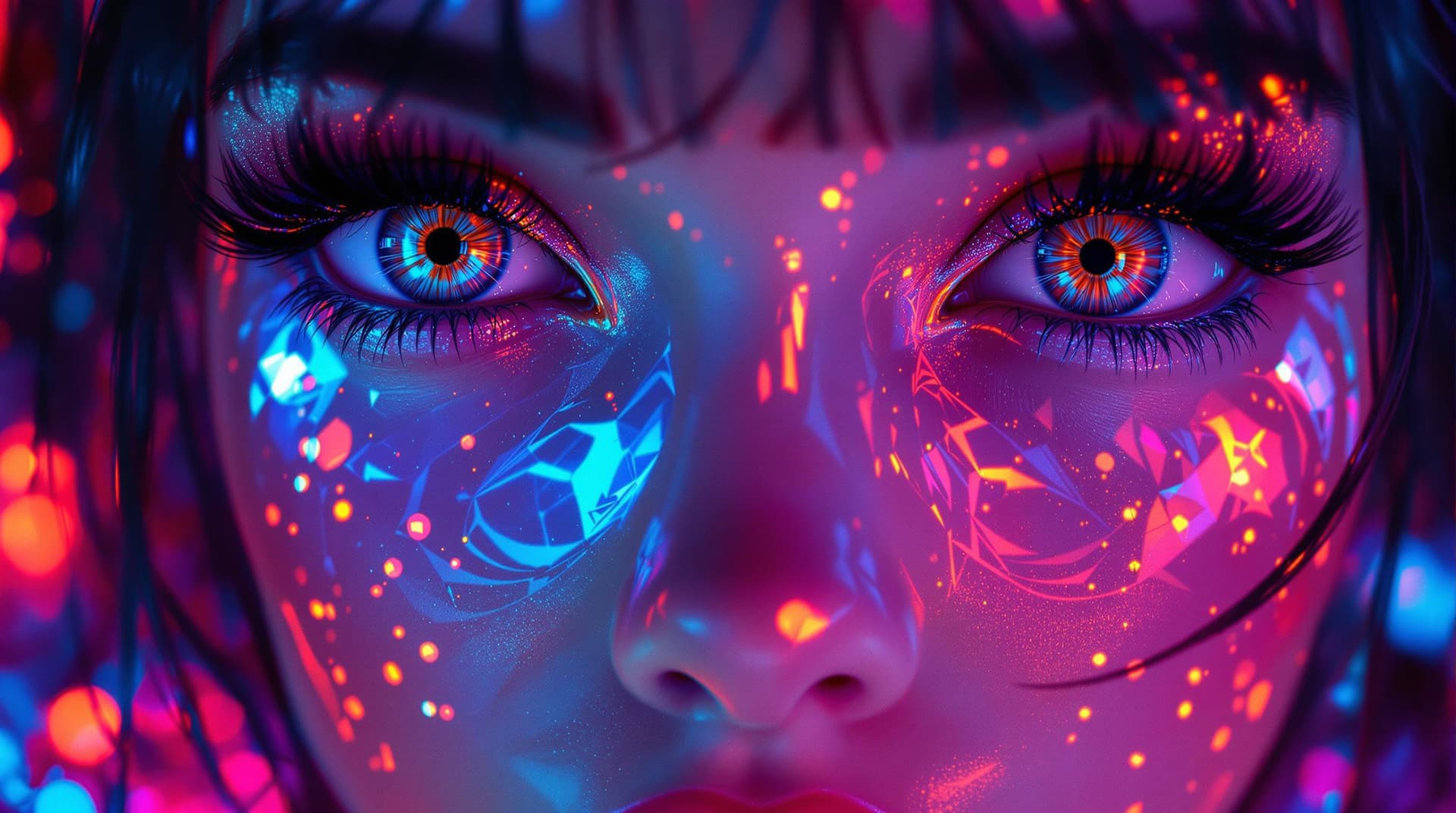 AI generated: close up beautiful girl , big beautiful eyes., reflections, neon colors, intricate artwork . octane ...