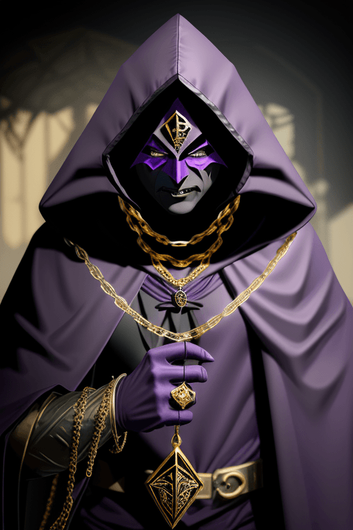 AI generated: Shadow wizard money gang, in purple cloak hood, dark face, gold chains and jewellery. Big triangle m...