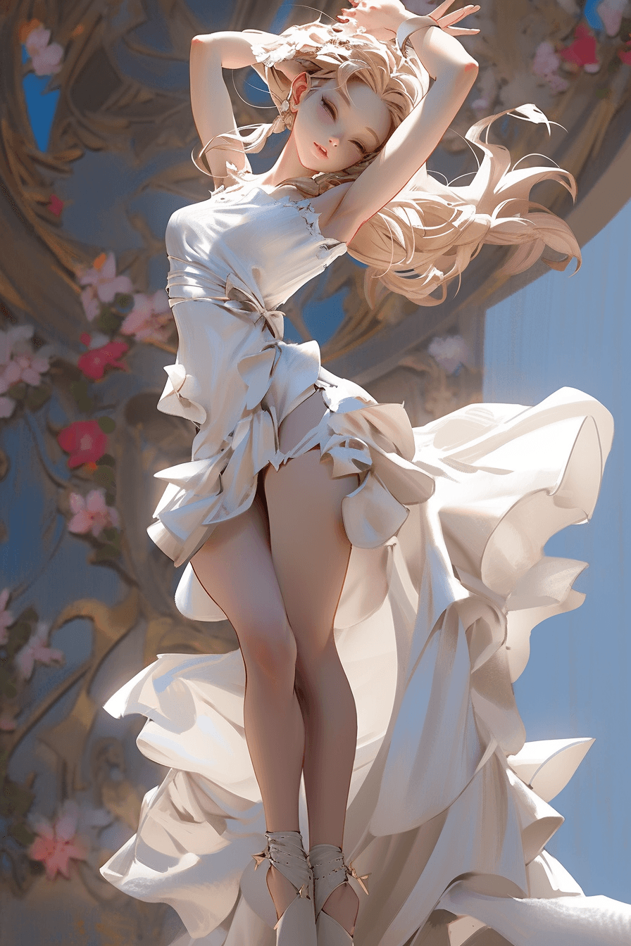 AI generated: Wide angle of the anime girl dancing, graceful and elegant, with mesmerizing eyes and porcelain skin...