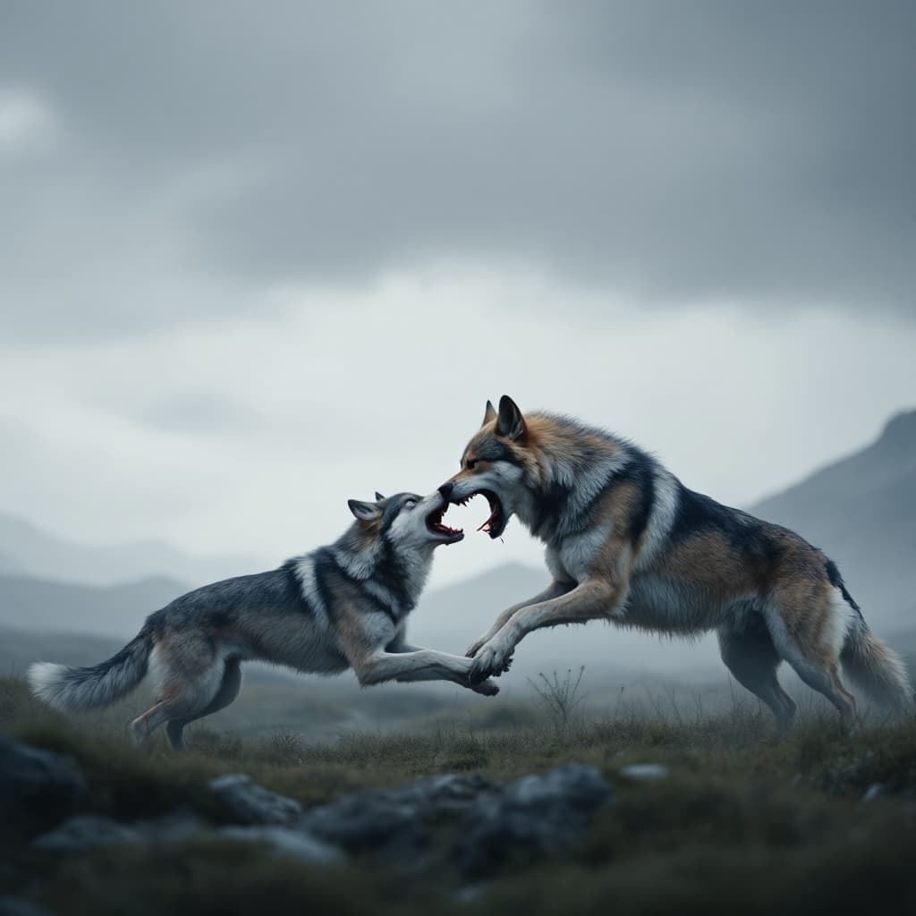 AI generated: A Turkish kangal dog attacking and biting a grey wolf.
Cinematic, overcast, hyper realism, high deta...