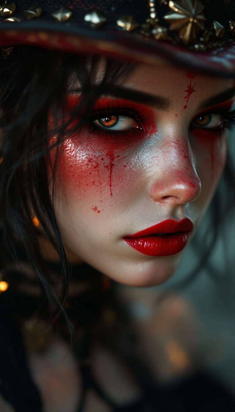AI generated: Crie um retrato fotorrealista de uma mulher com olhos pretos e maquiagem baton vermelho, e arte de m...