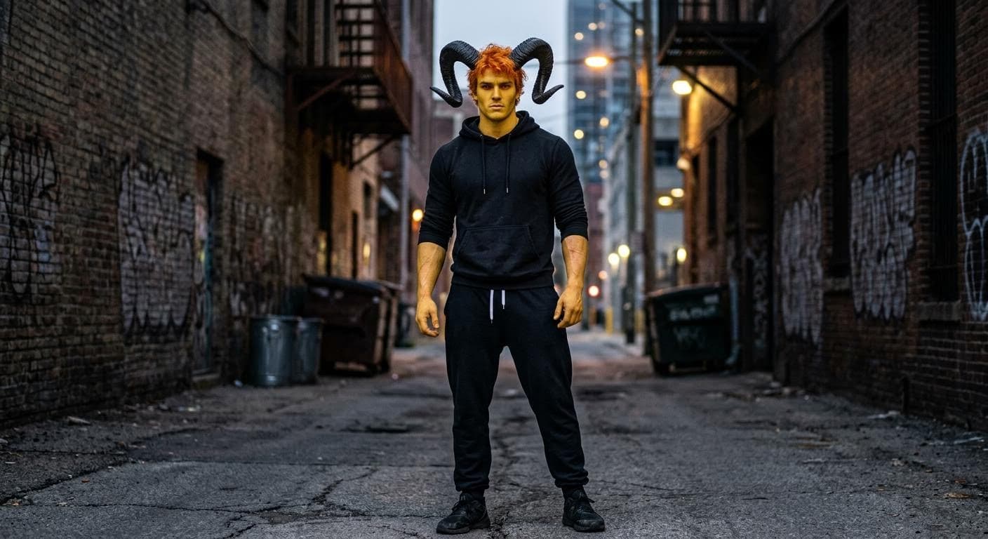 AI generated: A muscular attractive man with yellow skin and orange hair with red eyes with a black hoodies with s...