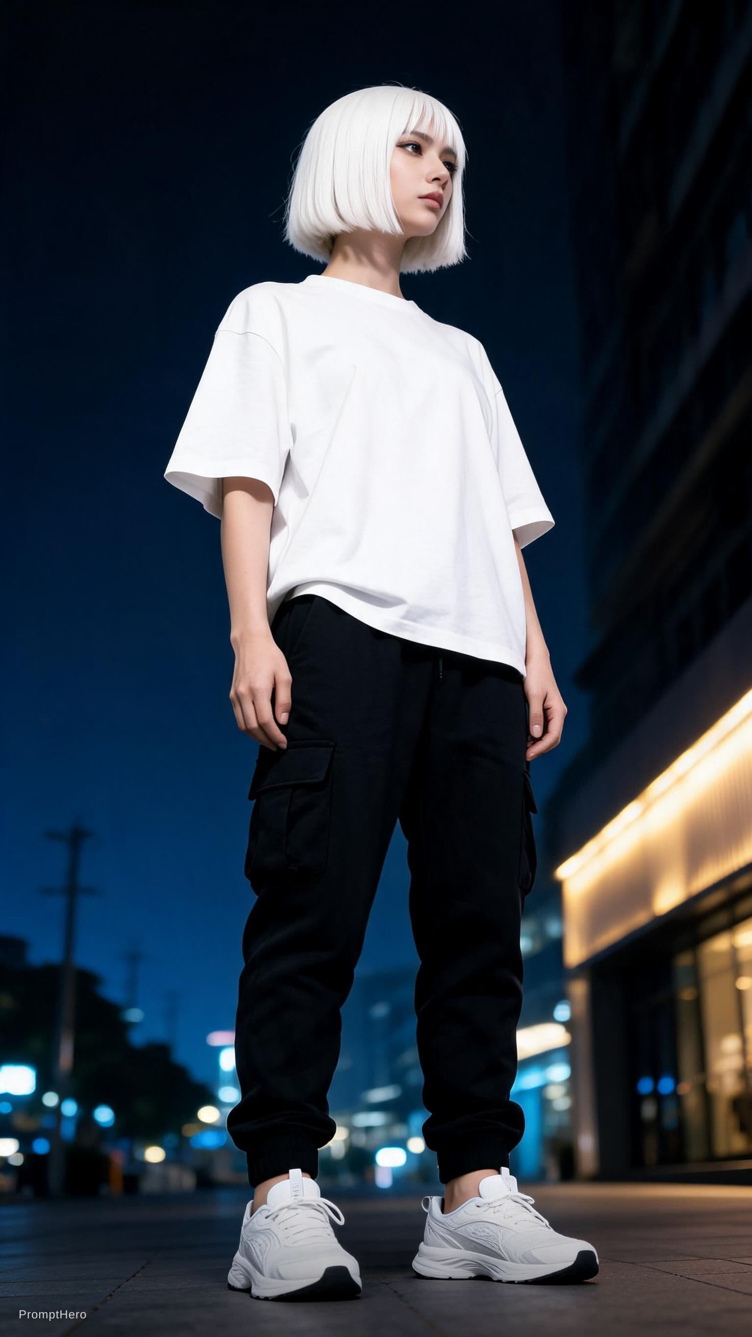 AI generated: photography, female model, bottom tilt shot, front central composition, full-body profile pose, gaze...