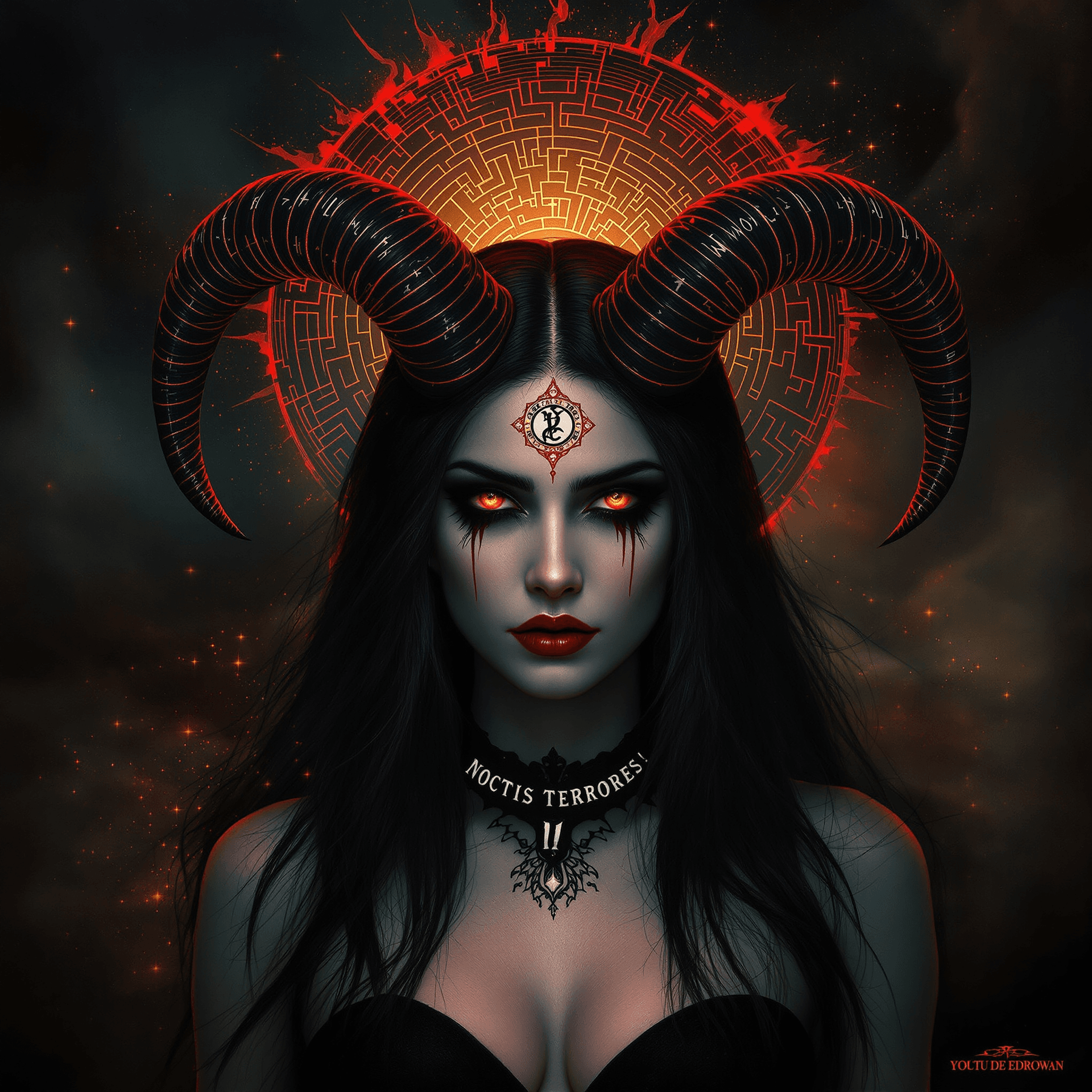 AI generated: A record-album cover, fantasy art: A powerful yet vulnerable female demon, reminiscent of Beksiński'...