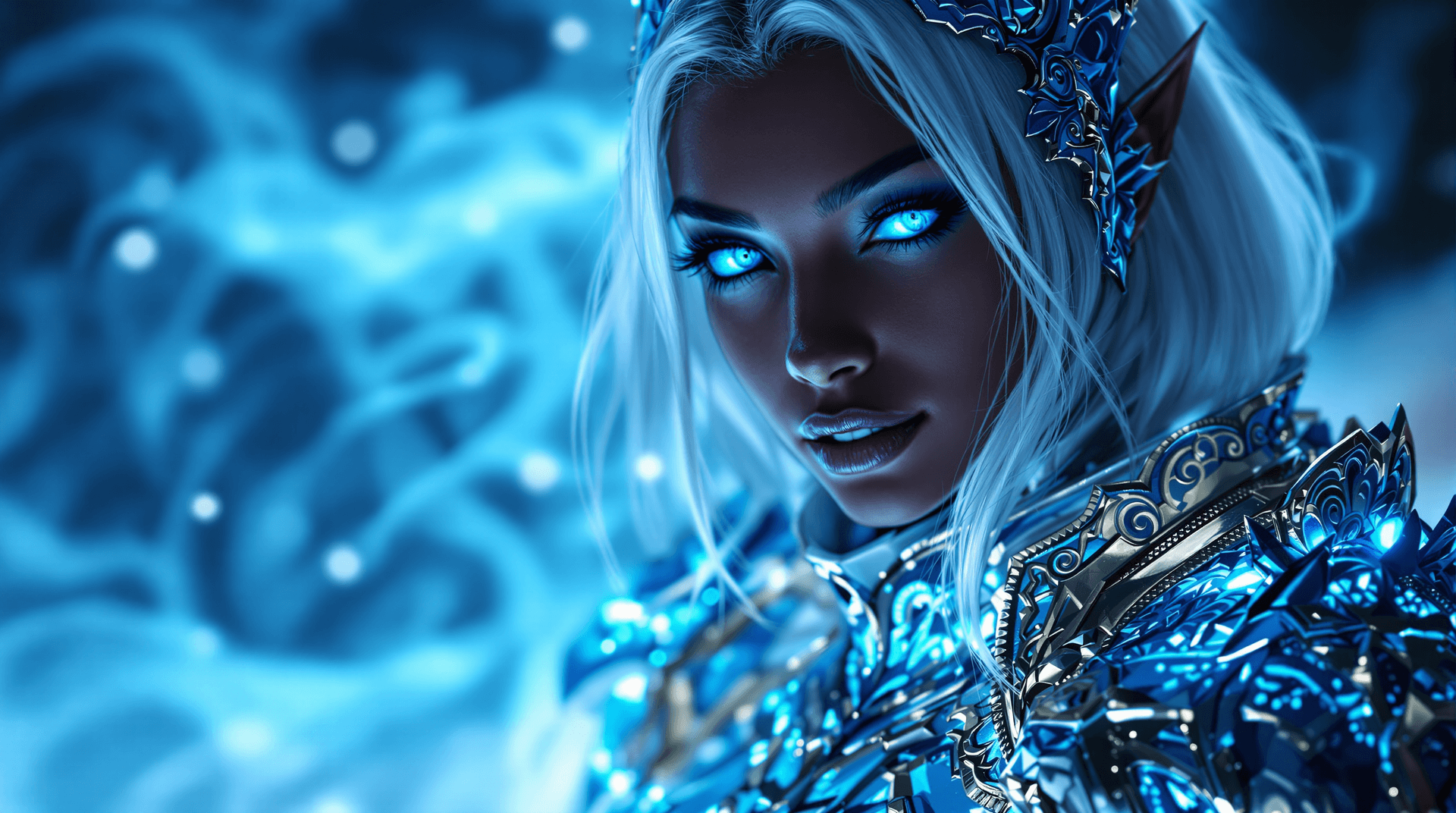 AI generated: Close-up portrait of a young, dark-skinned female figure, with striking, glowing blue eyes and a sub...