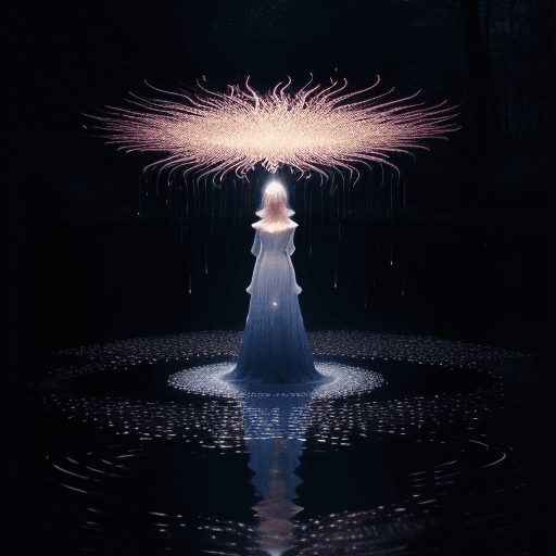 AI generated: a woman standing in the middle of a stream of water, by Scarlett Hooft Graafland, floating lights, i...