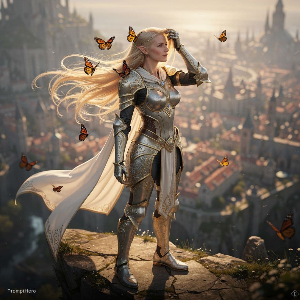 AI generated: A small breasted, flat chested, rail thin 18 yo elven paladin stands totally nude, no clothes whatso...
