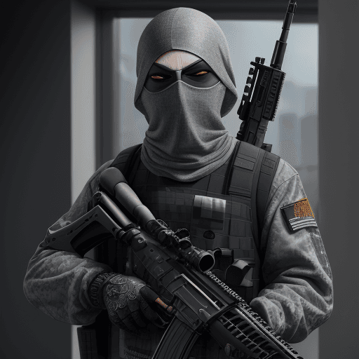 AI generated: A menacing grey car terrorist wearing rag-tag attire, holding a customized rifle, anthropomorphic, s...