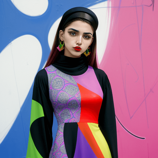 AI generated: A 90s street woman  in ،Tehran portraits a confident model in front of abstract graffiti made only w...