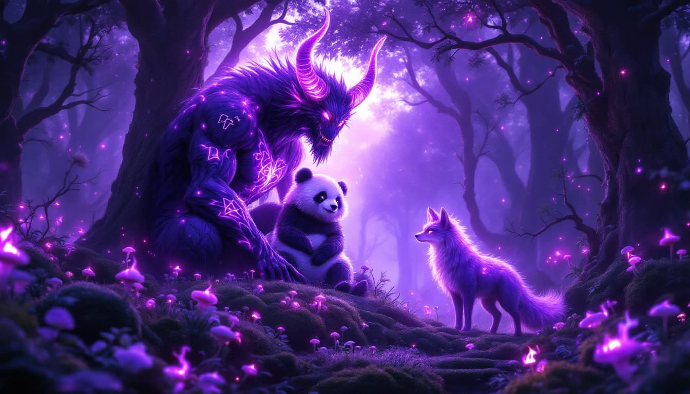 AI generated: In a mystical twilight forest filled with towering aubergine trees and glowing silver-violet vines, ...