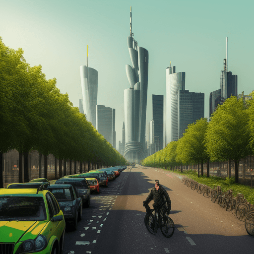 AI generated: Frankfurt City Skyline. Bicycle lane with green trees and many happy bicycles.