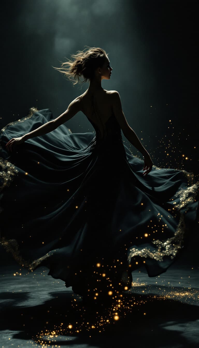 AI generated: "Obsidian Twirl: A Dance of the Night": A live-action film scene captures a female dancer, seen at a...