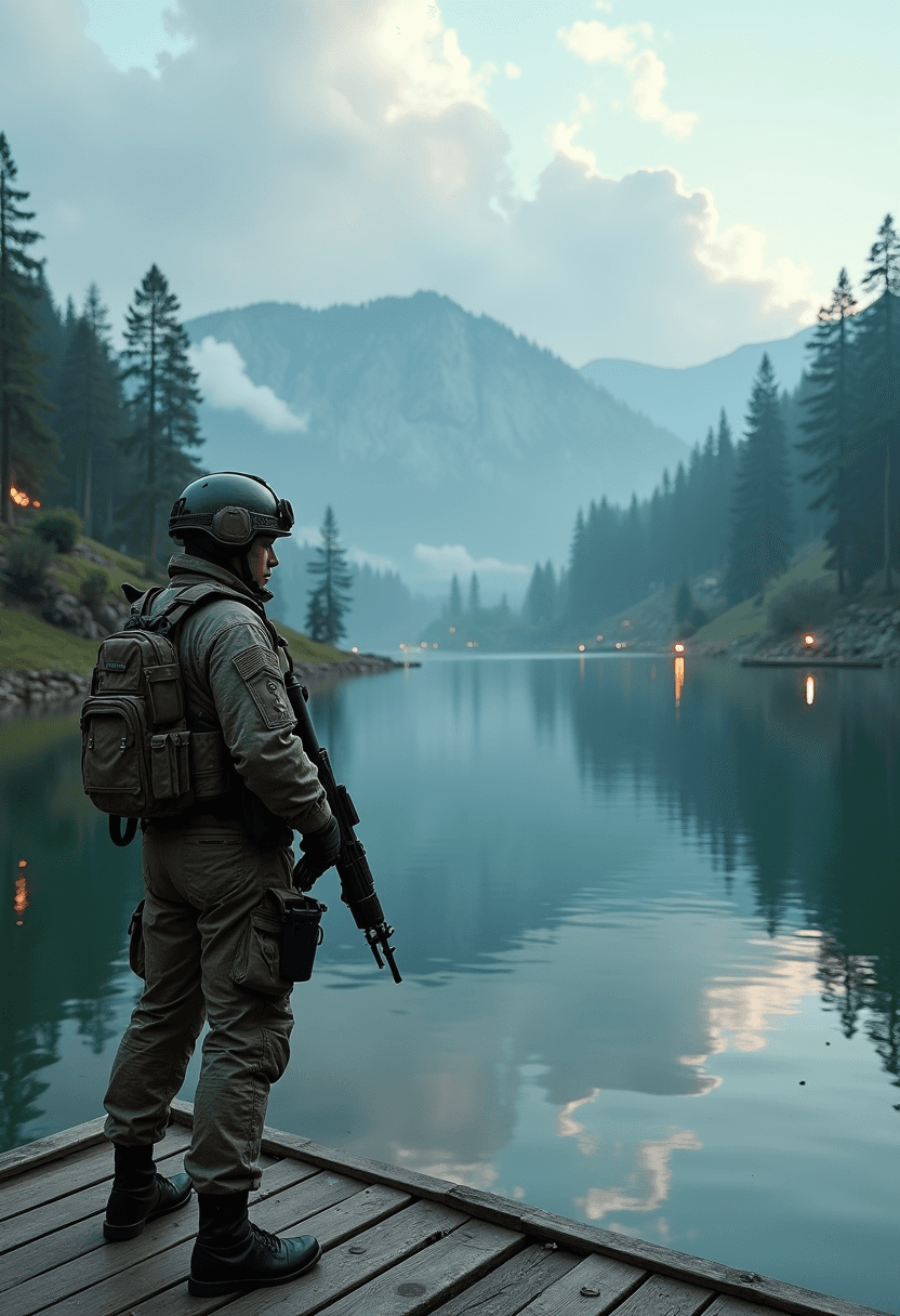 AI generated: A clear, reflective and vast mountain lake surrounded by lush pine forests and high hills. Smoke fro...