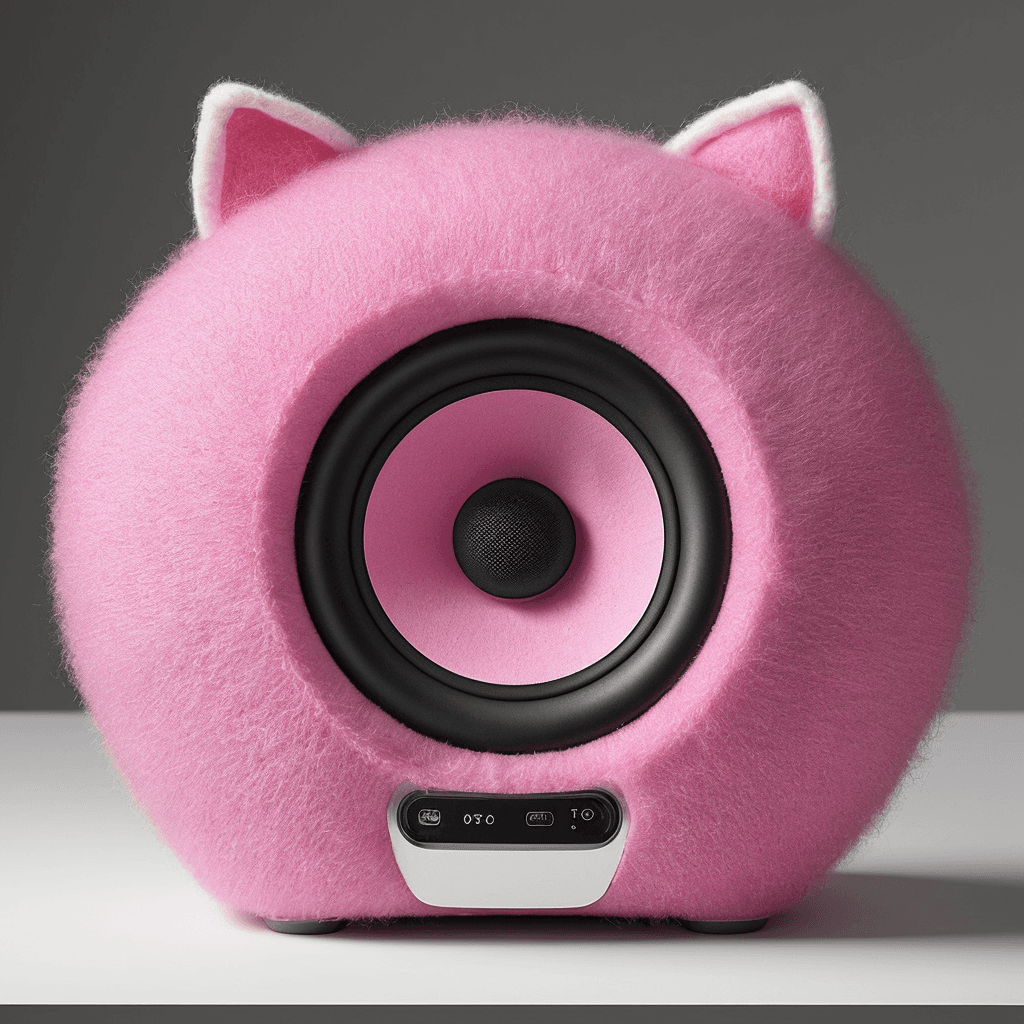AI generated: a view of a Bluetooth speaker made of pink fur and wool, [shaped as a cat]