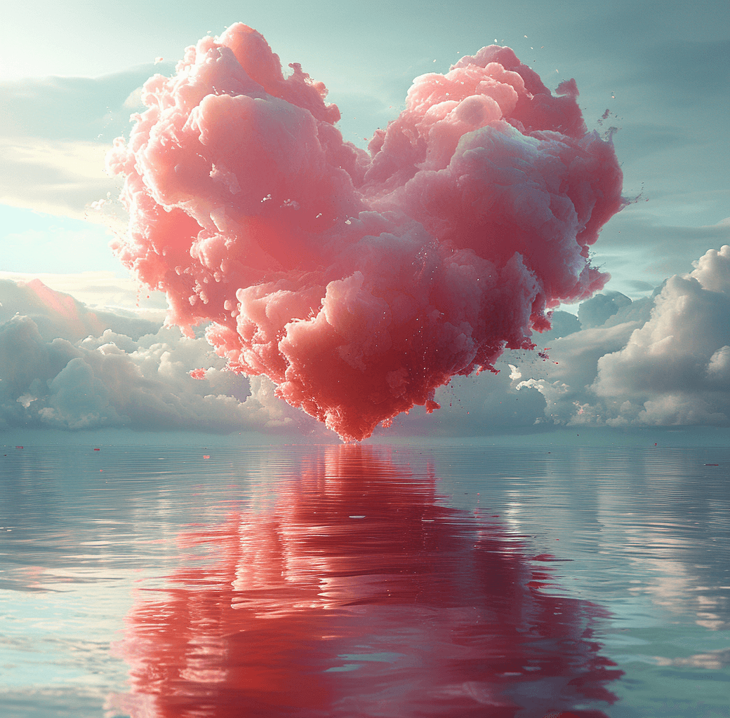 AI generated: a red heart in the clouds over water, in the style of zbrush, light pink and sky-blue, i can't belie...
