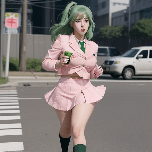 AI generated: beautiful anime school girl, in a short skirt and beautiful modern uniform with green hair and beaut...