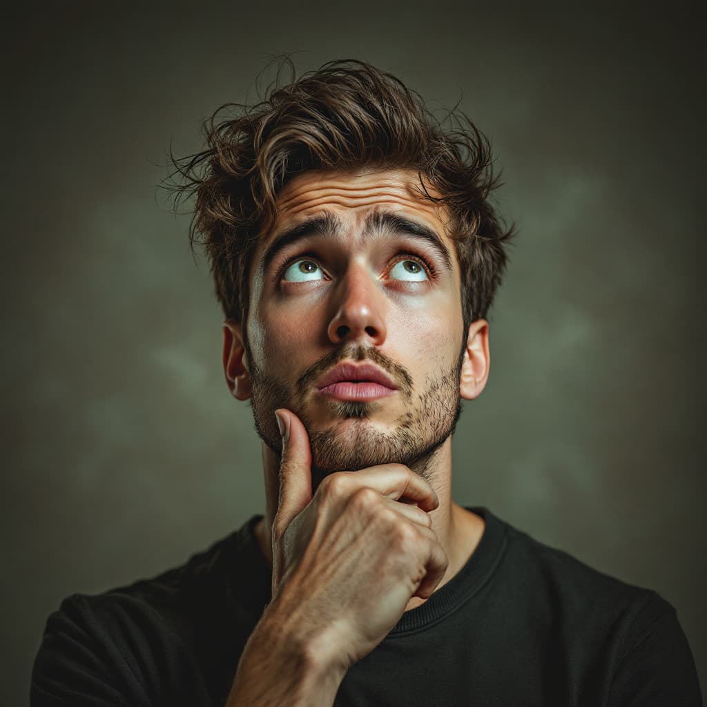 AI generated: A man confuse and thinking about his future, looking at the camera 
