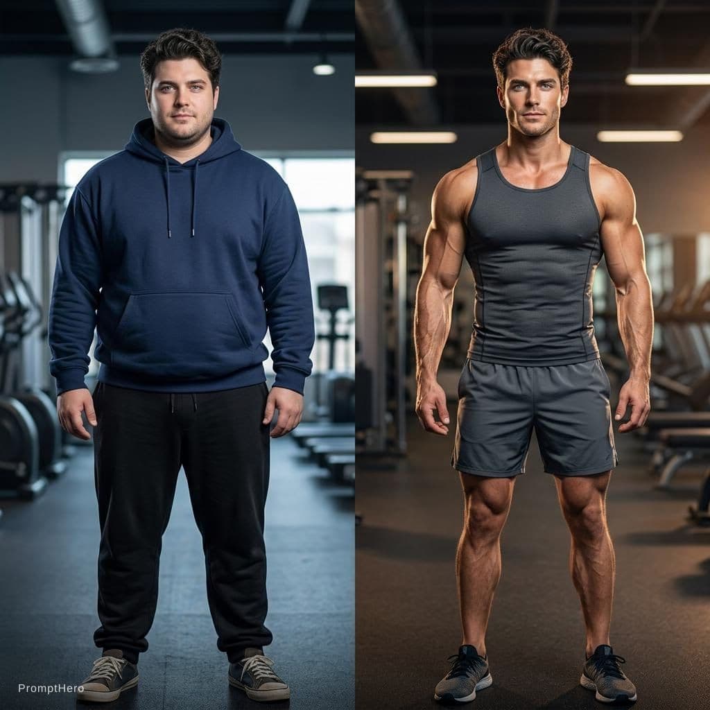 AI generated: Ultra-realistic 1:1 square fitness transformation comparison image, split perfectly down the center....