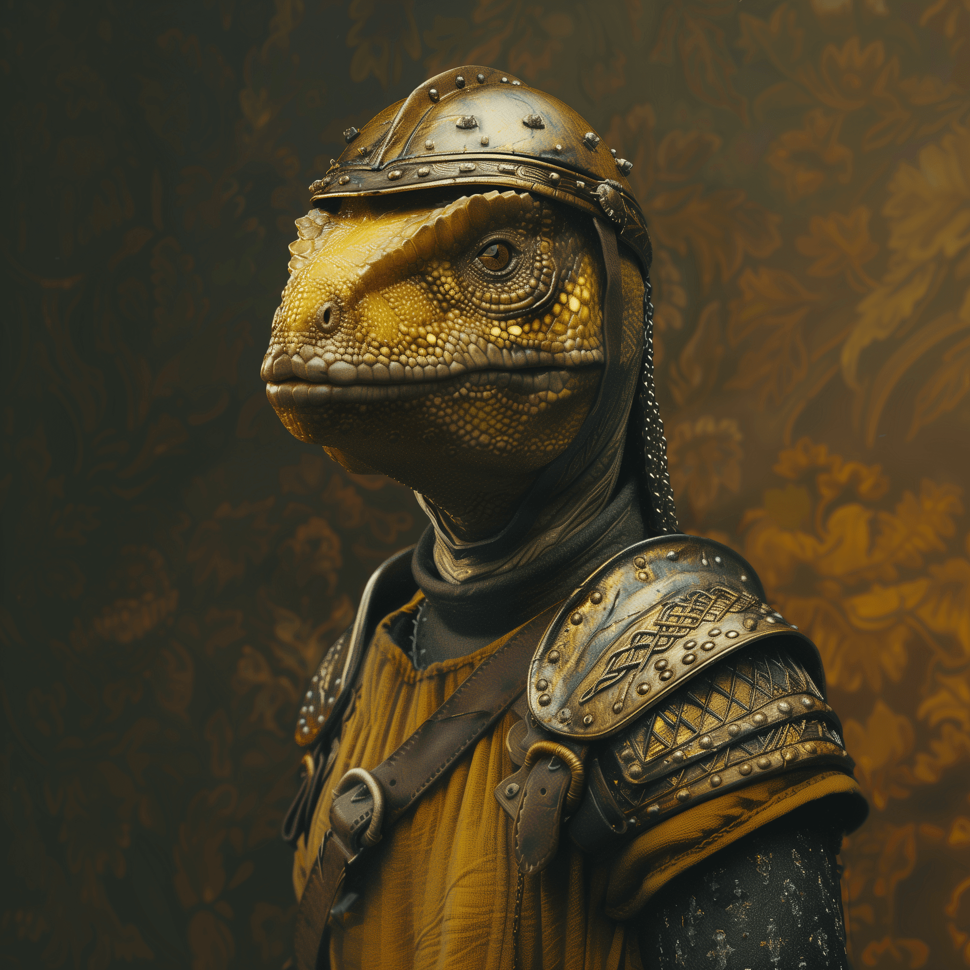 AI generated: yellow dinosaur wearing mid european ancient helmet and armour, war background, 8k, 3d render, in th...