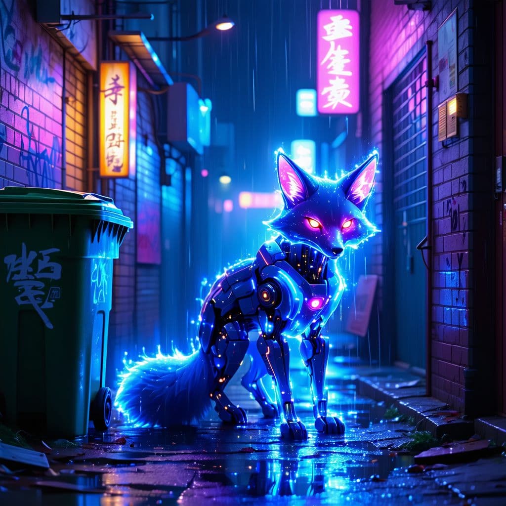 AI generated: A sleek, cybernetic fox with glowing blue and purple fur, standing alert in a neon-lit back alley of...