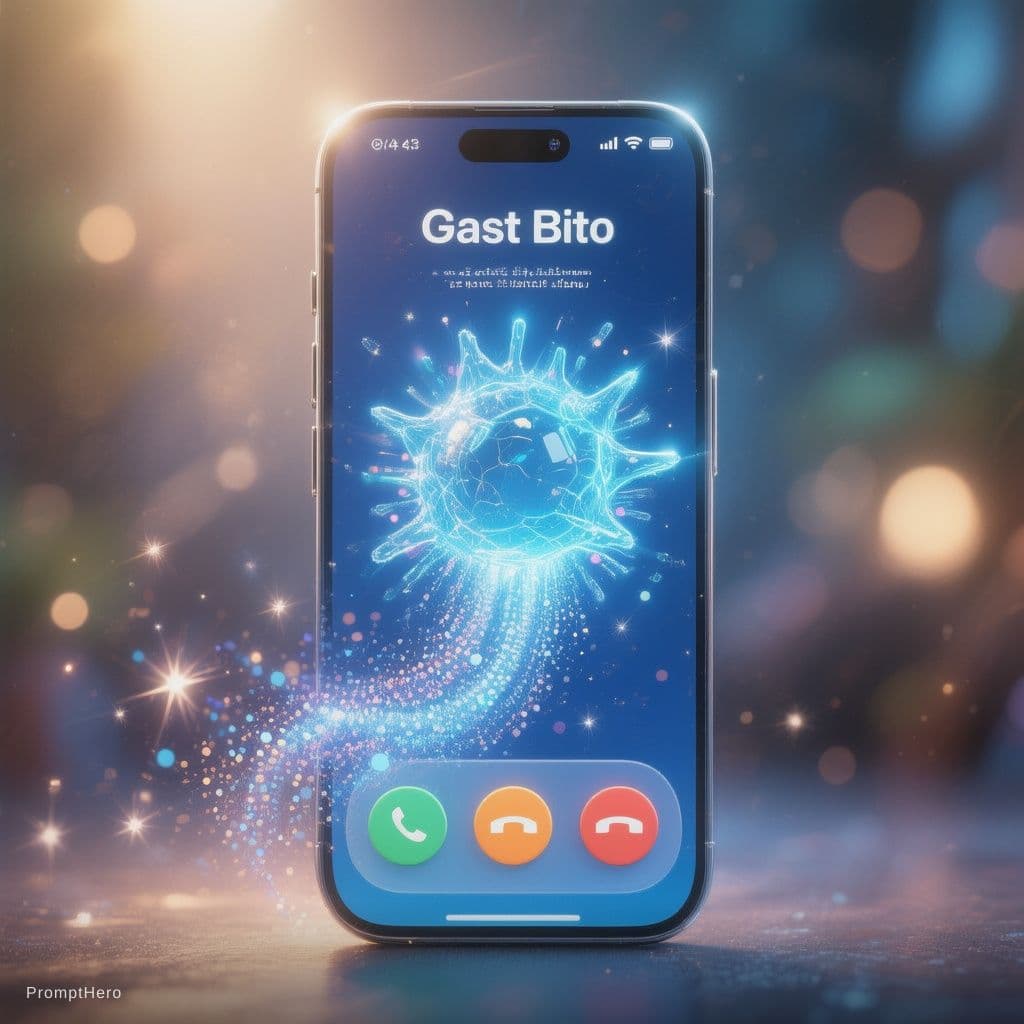 AI generated: Macro shot of a sleek smartphone screen, a rounded vibrant blue energy bit bursting out of the "Call...