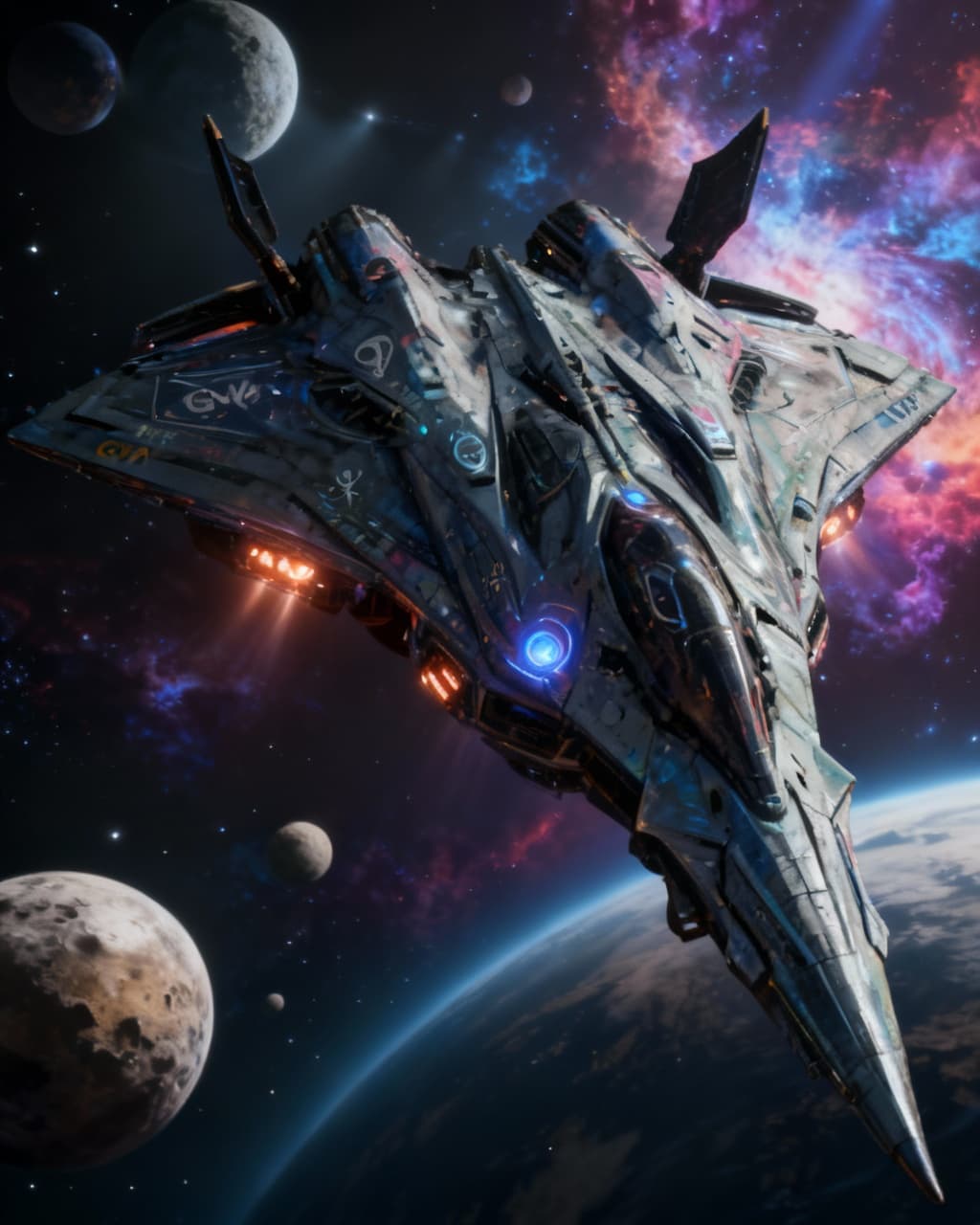 AI generated: Reimagine, in detail, the alien spaceship to show a new design. Reposition and add or change paint c...