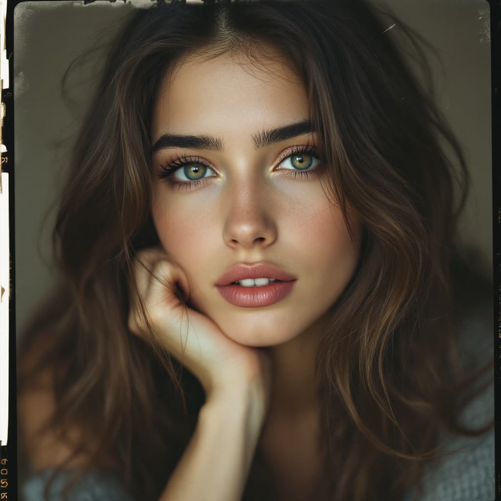 AI generated: iranian girl,18-21 years old, brown hair, high-quality photo portrait, shot on a Polaroid camera, do...