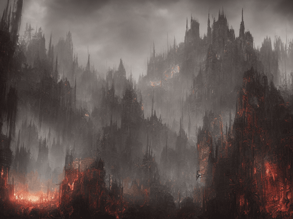 AI generated: wallpaper,hell,chaotic,mysterious,terror,horror,structures,particles of fire and ash,demons,volumetr...