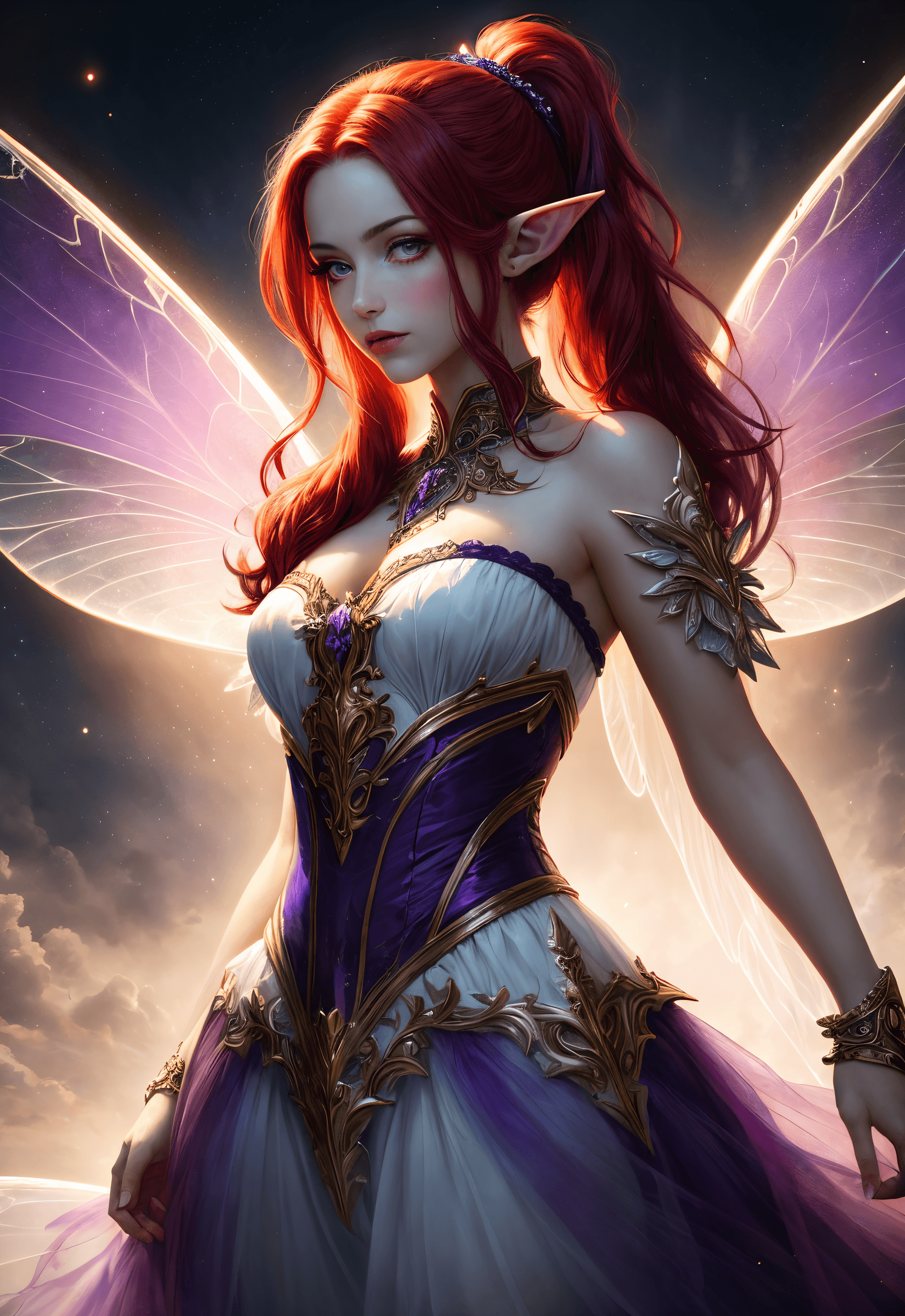 AI generated: oil painting, a female fairy with red hair , purple eyes , elf ears, red hair styled in a pony tail,...