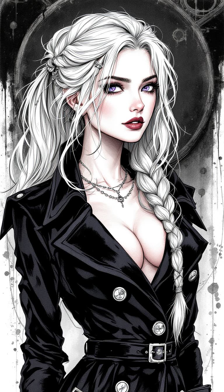 AI generated: A steampunk era ink illustration with messy lines and ink bleed. A woman with long, flowing platinum...