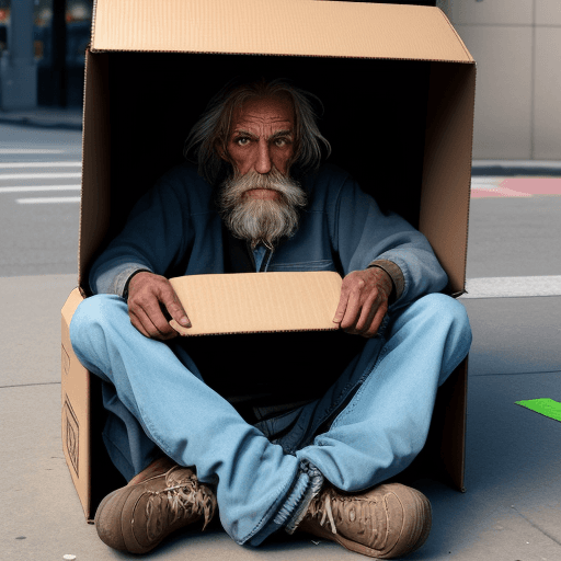 AI generated: Homeless man sitting in a box