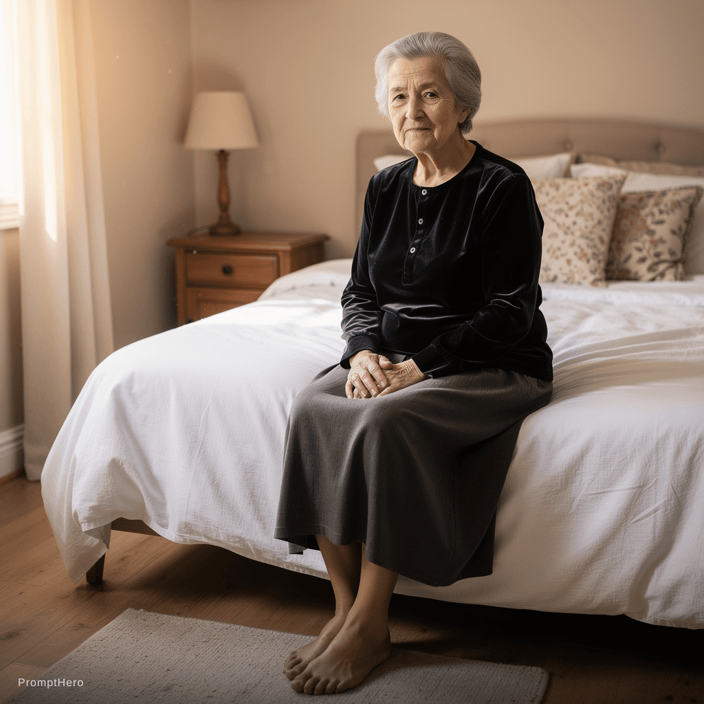 AI generated: a 90 year old girl,sitting on her bed, wearing a black velvet brallete.her legs are bend and can see...