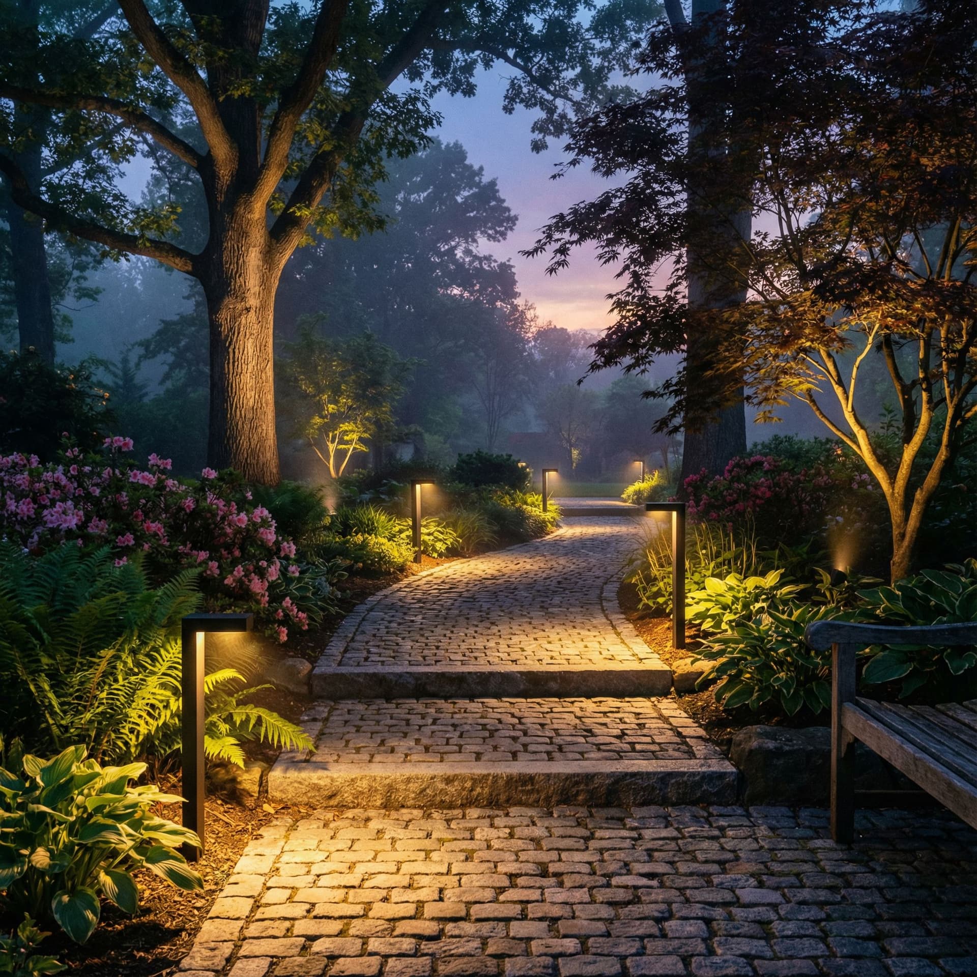 AI generated: Create a photorealistic image of a winding garden pathway at dusk, lined with elegant low-profile LE...