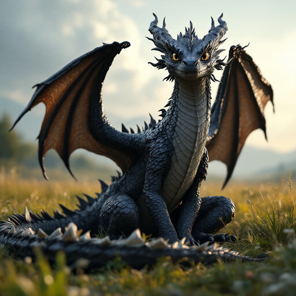 AI generated: raw realistic cinematic scene of a large dark scale dragon sitting on  meadows looking at the camera...