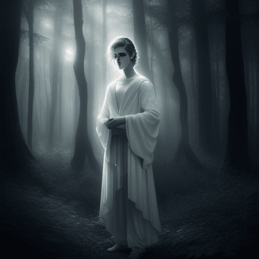 AI generated: mystical and beautiful woods, young white boy, short dark hair, full body, mystic light, incandescen...
