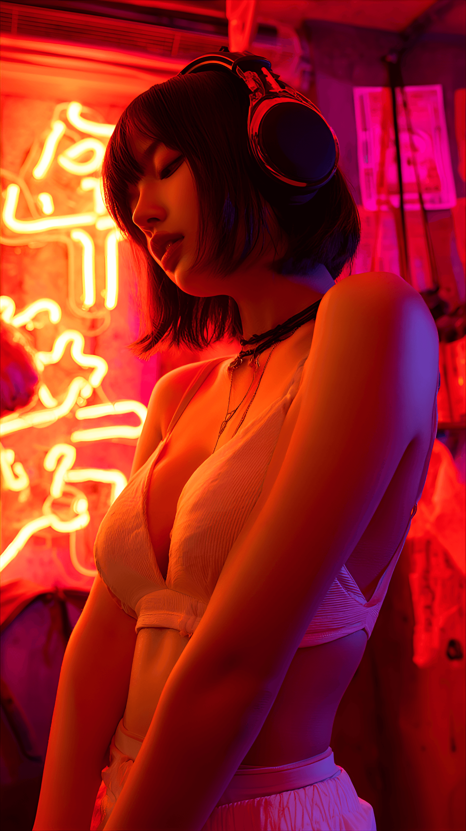 AI generated: character wearing headphones, lost in music, dark room lit by neon signs, any, Enthusiastic, Listeni...