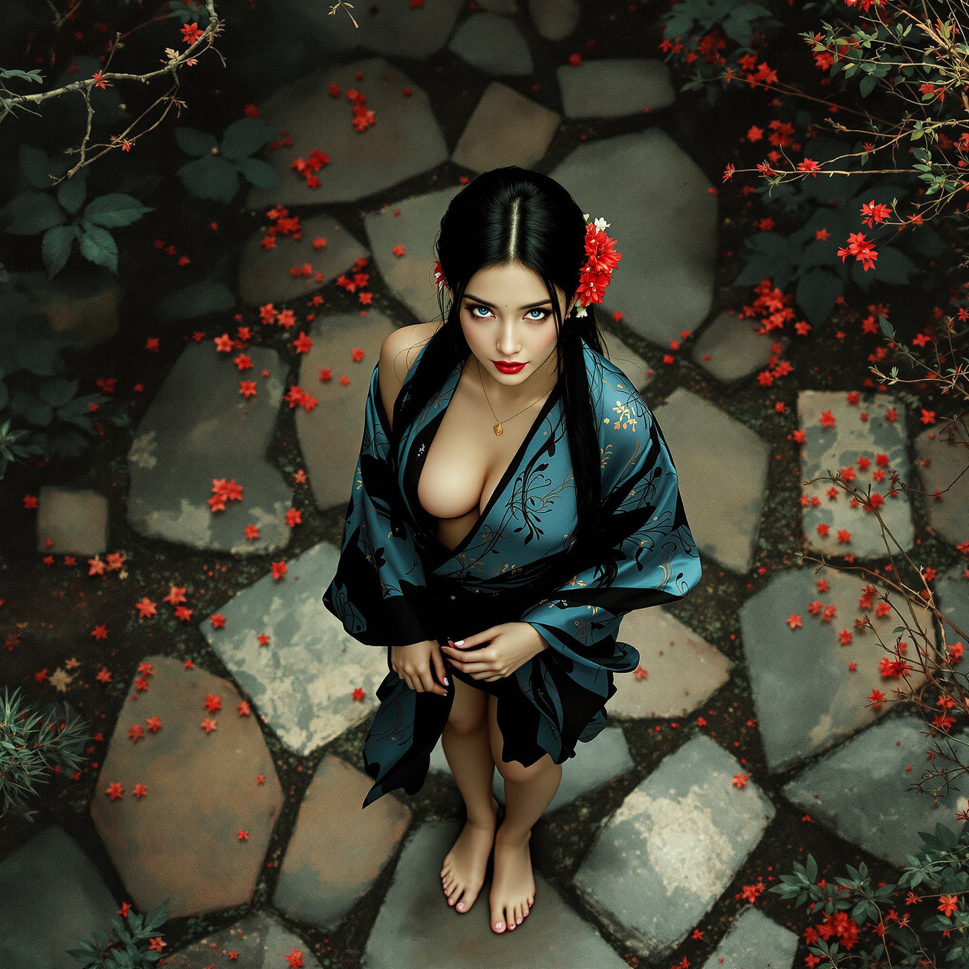 AI generated: A full-length, three-quarter view from above. A woman of incredible beauty (delicate blue eyes, pale...
