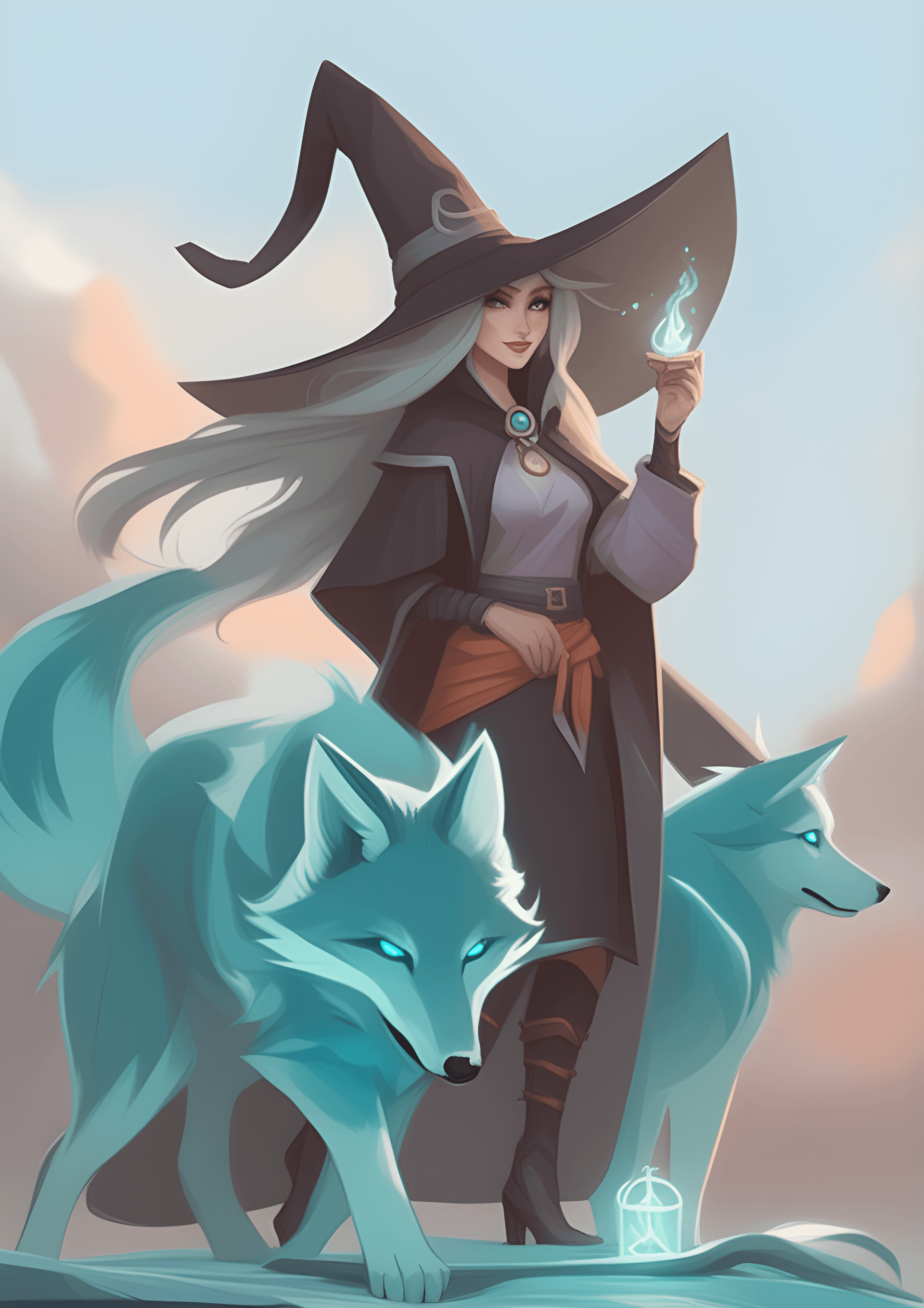 AI generated: a woman in a witch hat standing next to a dog, female wizard, beautiful female wizard, spirit fantas...