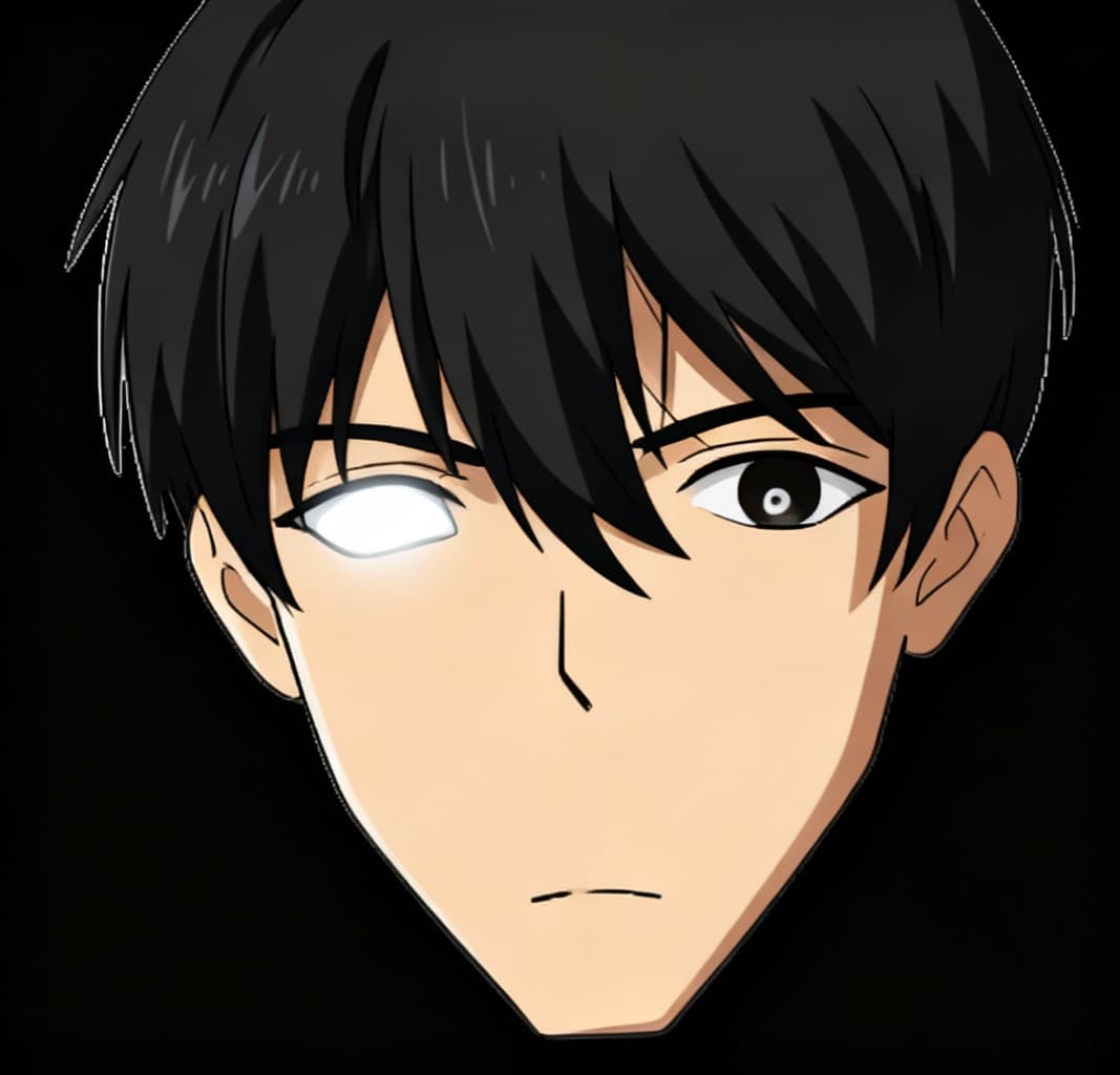 AI generated: Make this photo look like it's from an anime with a serious artstyle and make the left eye glow in w...