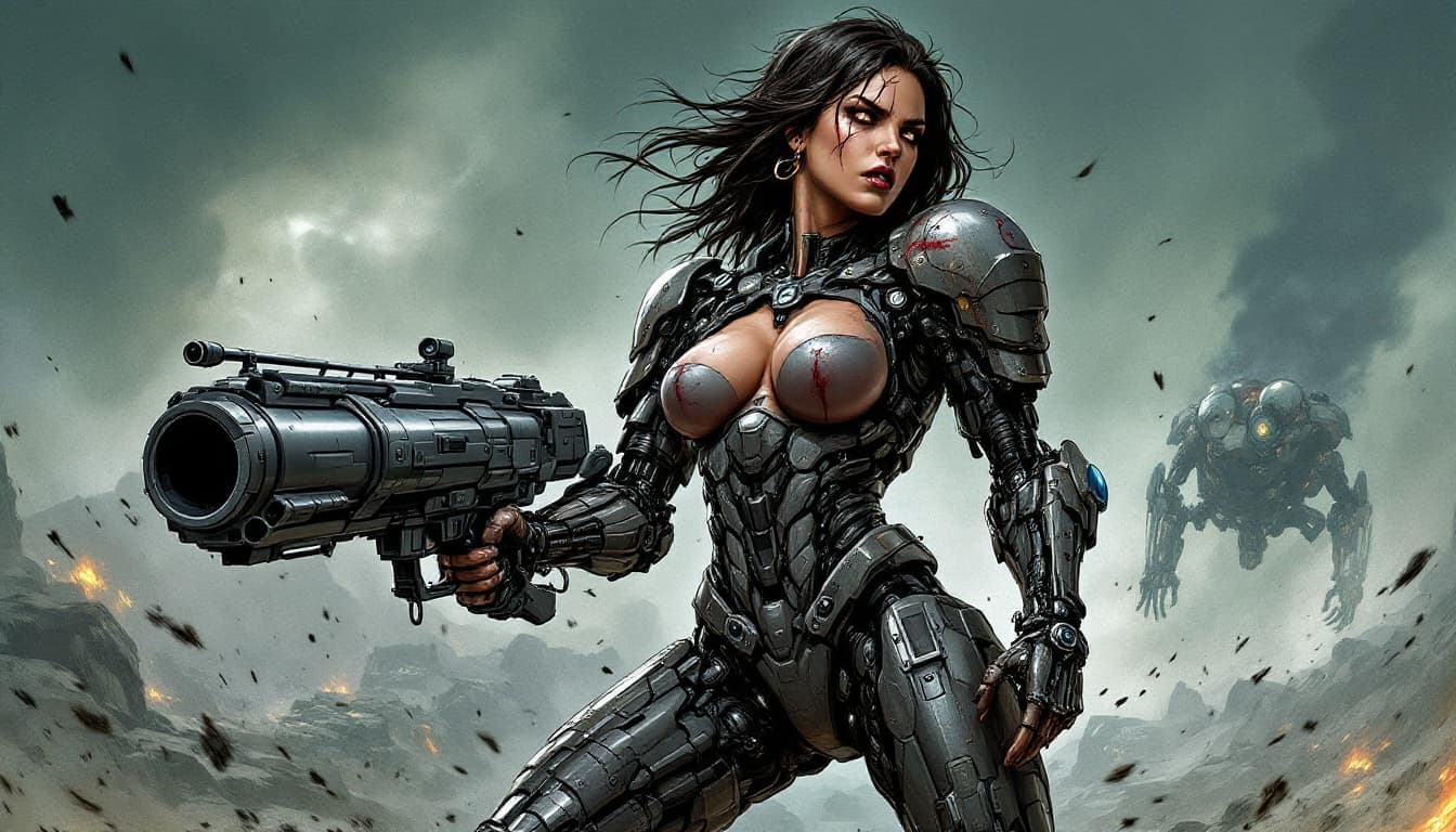 AI generated: ((comic novel art)), woman, cyborg, mechanical right arm, real left arm, mechanical left leg, real r...