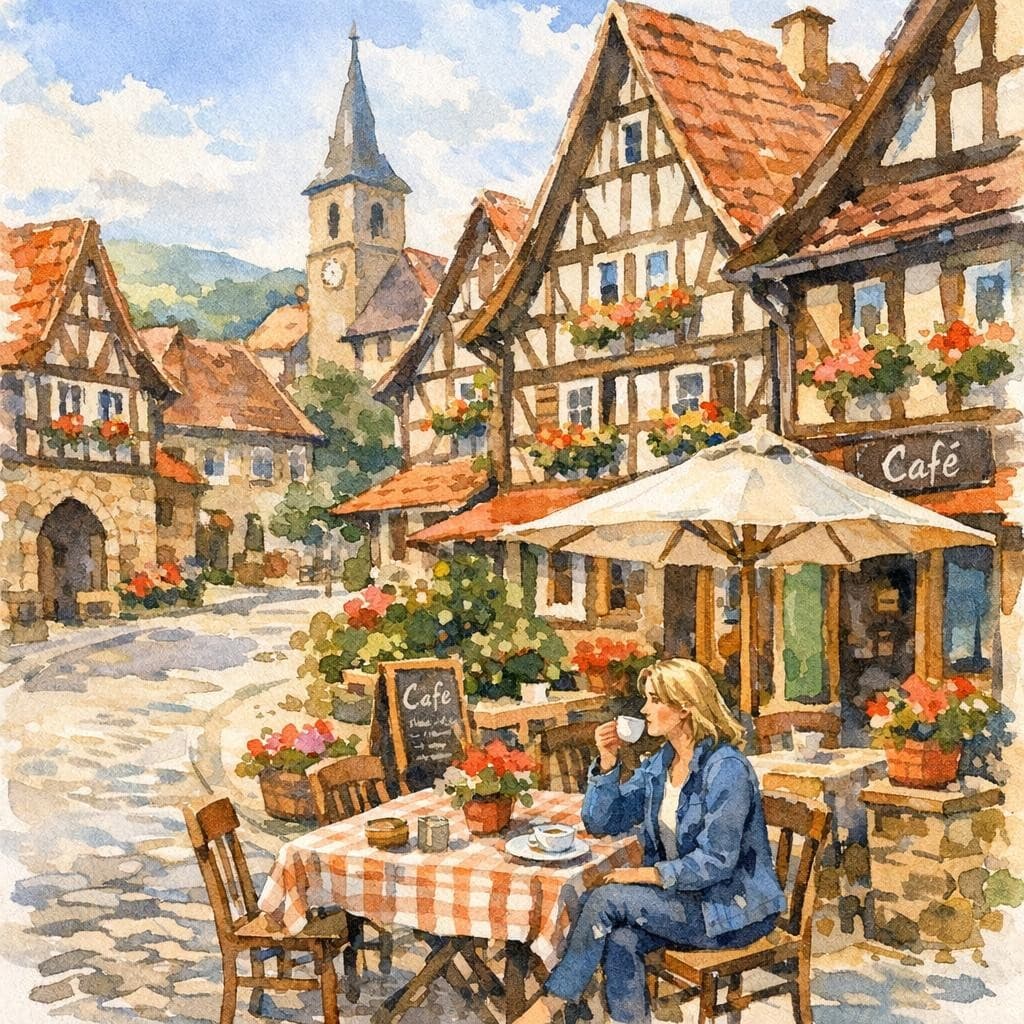 AI generated: Prompt: a tiny village with old half-timbered house somewhere in Germany, in front of a cafe are tab...