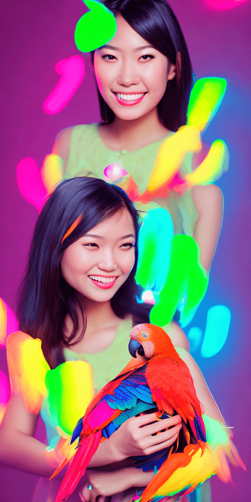 AI generated: magazine photography, a cute asian girl with a parrot on her hands, neon light background, immersive...