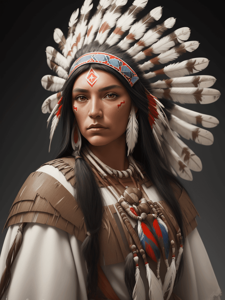 AI generated: a portrait, studio portrait, a stylized painting photograph of a native american woman warrior weari...