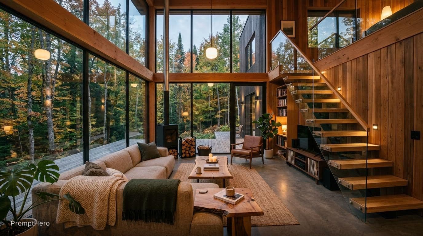 AI generated: a living room with a staircase and a couch, modern wooden house, panoramic shot, the house in the fo...
