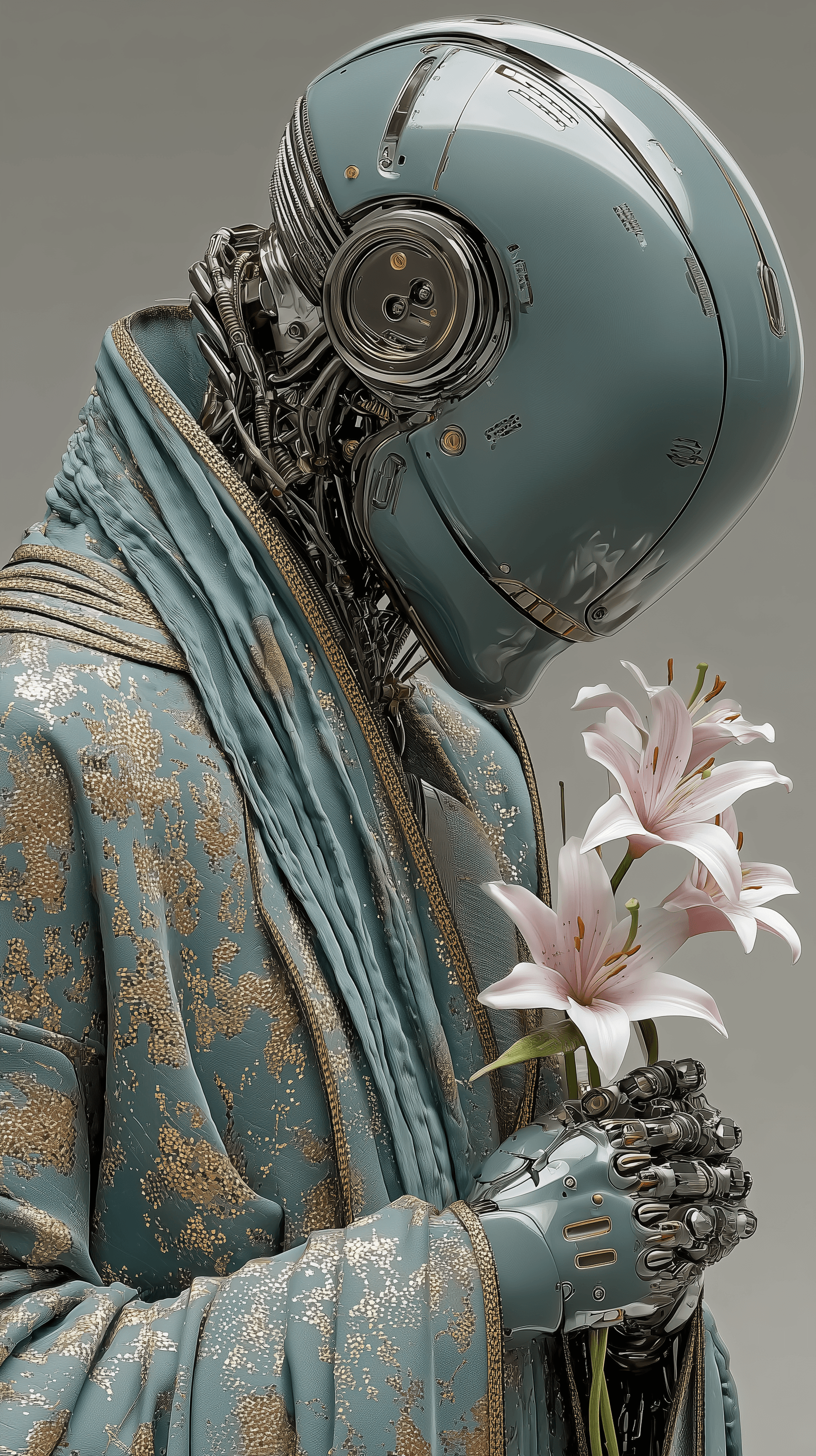 AI generated: realistic rendering, cyberpunk aesthetic, upper-body, reflective blackened alloy futuristic skeletal...