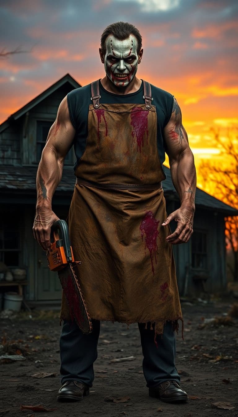AI generated: “Epic, photorealistic full-body image of Leatherface standing menacingly in front of a grimy, dilapi...