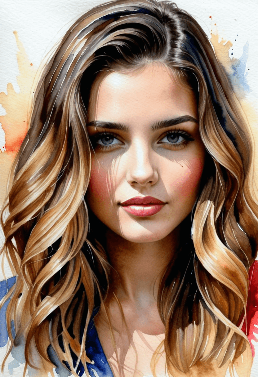 AI generated: A realistic watercolor portrait of a young woman. She has long, wavy hair with natural brown highlig...