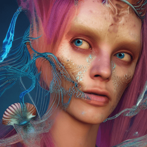 AI generated: Goddess close-up portrait ribcagel. jellyfish phoenix head, nautilus, orchid, skull, betta fish, bio...